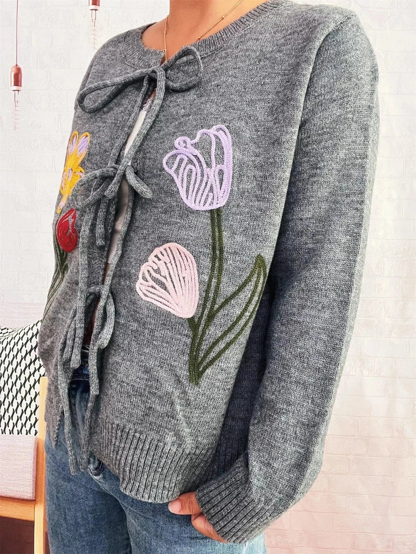 Fashorio Clothing & Accessories Floral Ribbed Hem Tie Front Cardigan