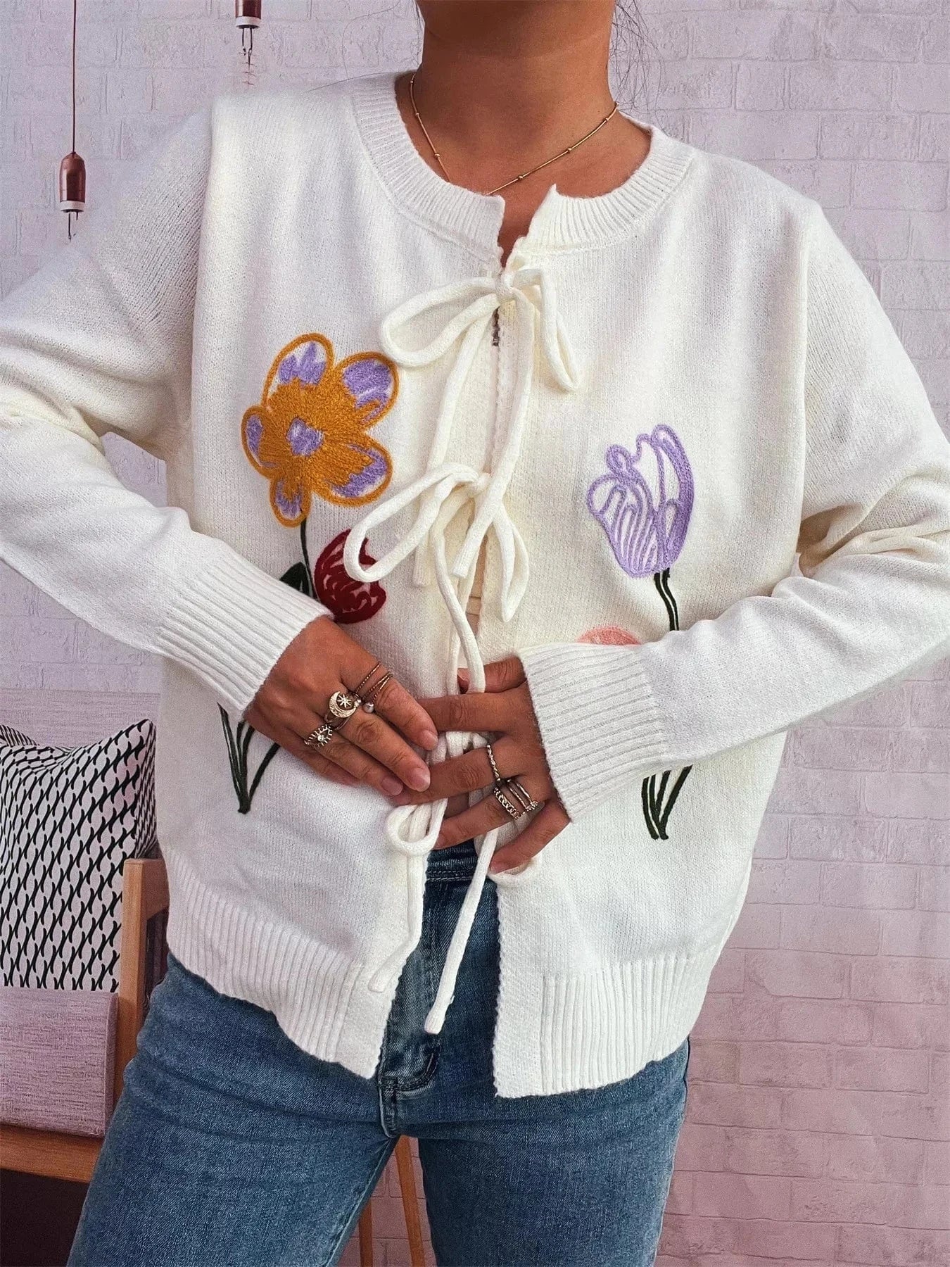 Fashorio Clothing & Accessories Floral Ribbed Hem Tie Front Cardigan