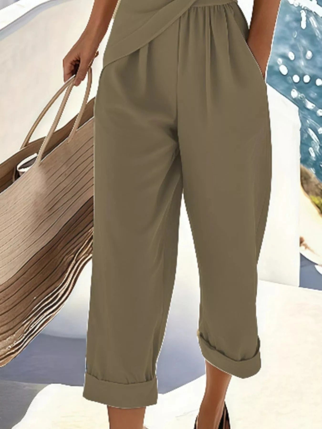 Full Size Surplice Short Sleeve Top and Pants Set Plus Size - Fashorio