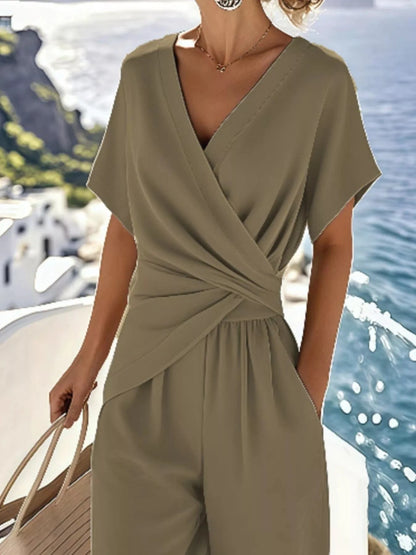 Full Size Surplice Short Sleeve Top and Pants Set Plus Size - Fashorio