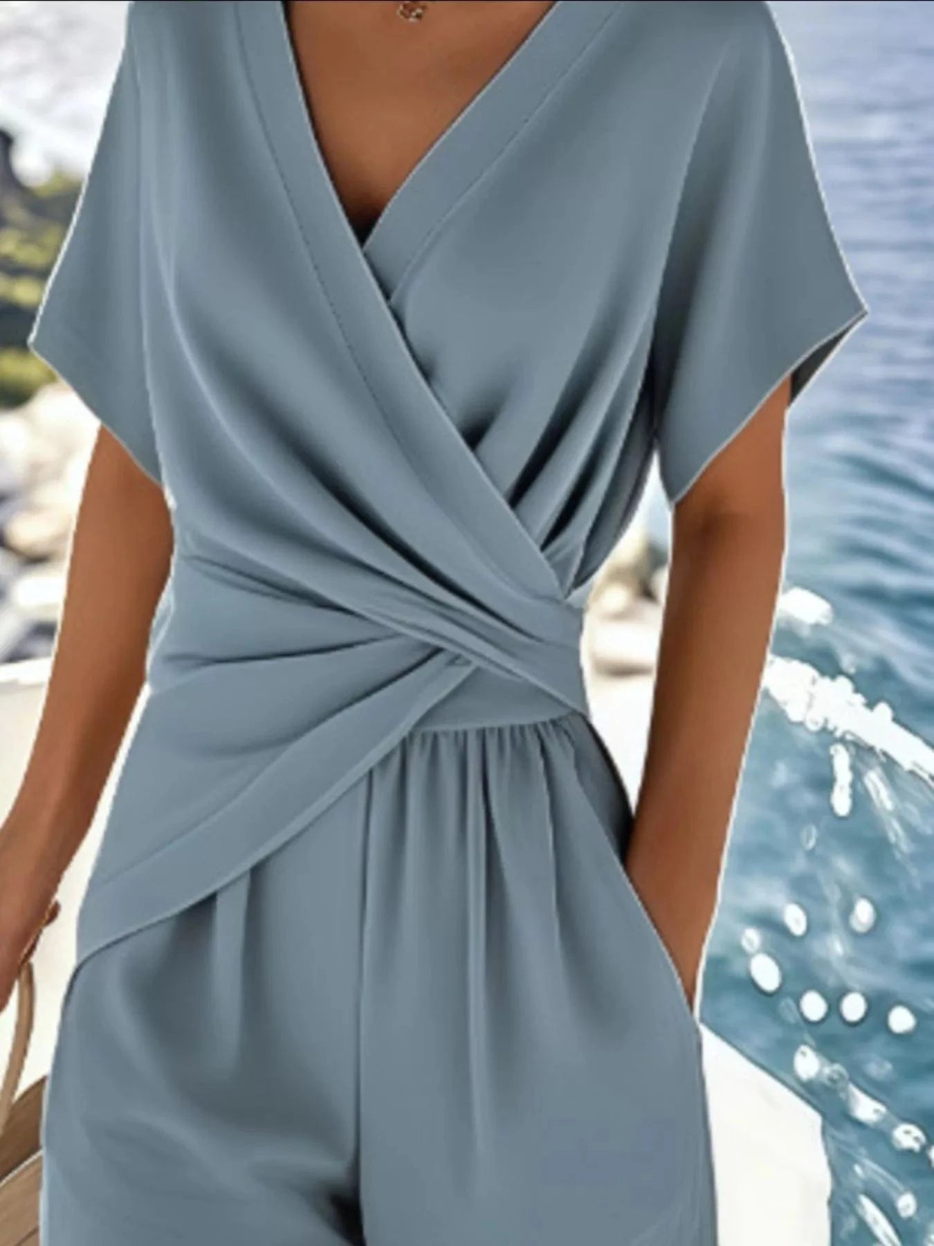 Fashorio Clothing & Accessories Full Size Surplice Short Sleeve Top and Pants Set Plus Size