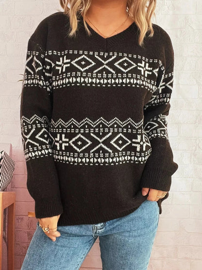 Geometric Dropped Shoulder Long Sleeve Sweater - Fashorio