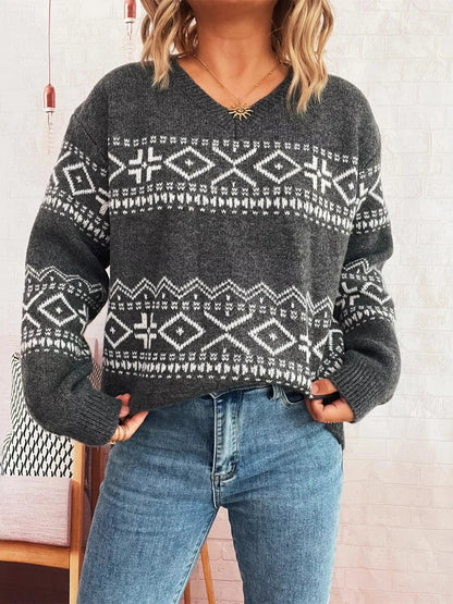 Geometric Dropped Shoulder Long Sleeve Sweater - Fashorio