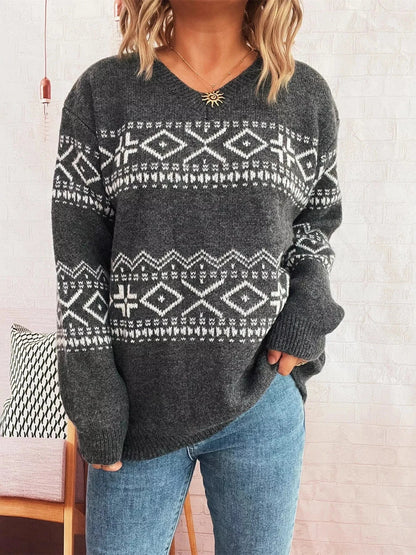 Geometric Dropped Shoulder Long Sleeve Sweater - Fashorio