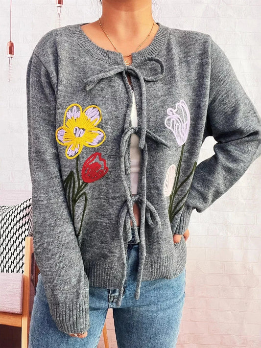 Floral Ribbed Hem Tie Front Cardigan Gray One Size - Fashorio