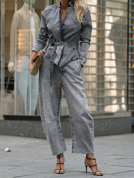 Long Sleeve Top and Wide Leg Jeans Denim Set Gray - Fashorio