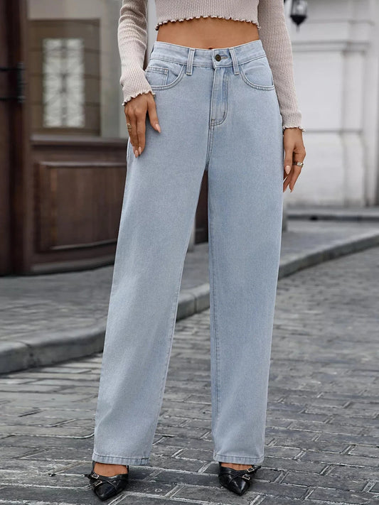 High Waisted Wide Leg Jeans – Women’s Flattering Classic Fit Light Blue - Fashorio