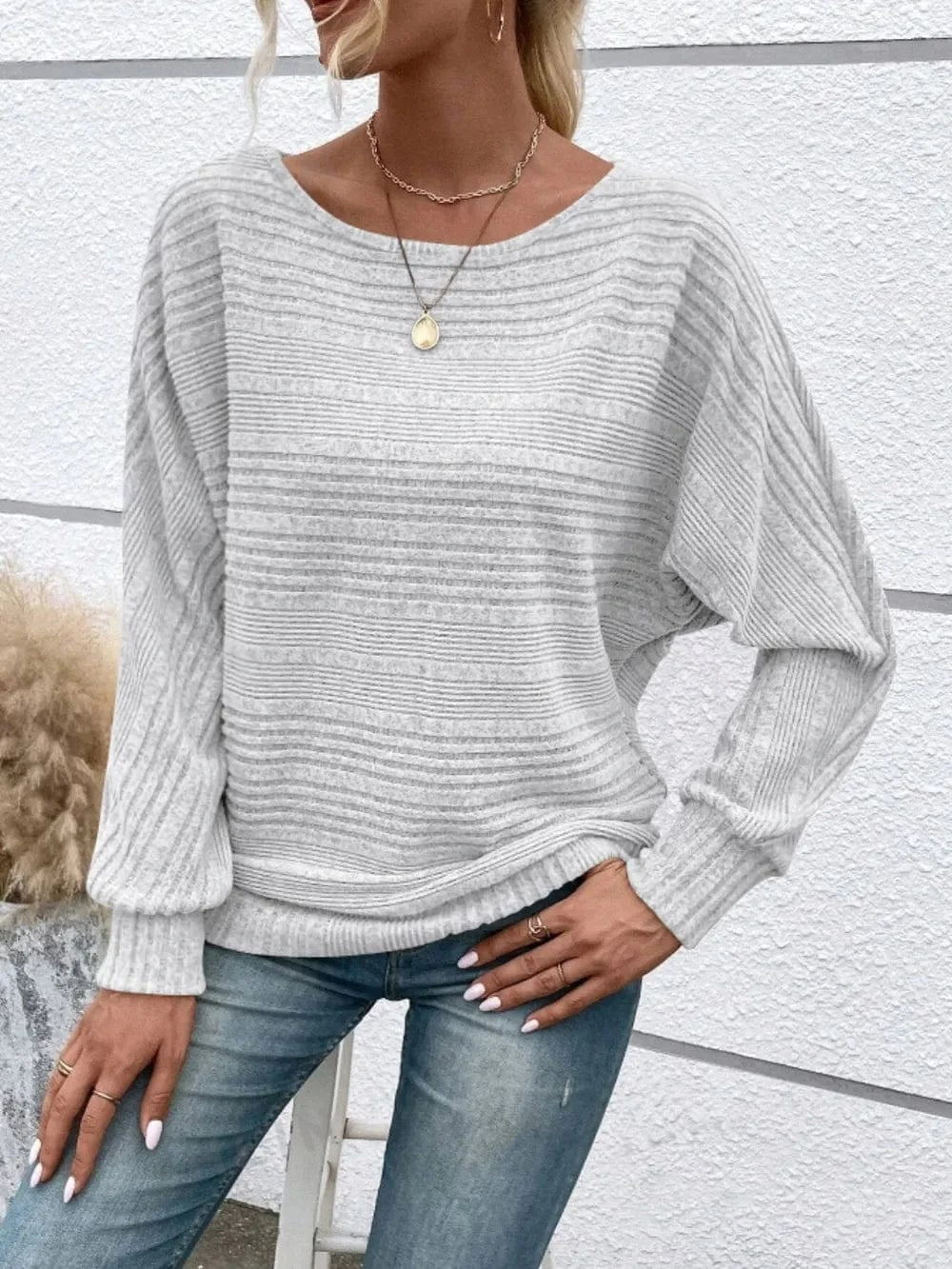Fashorio Clothing & Accessories Light Gray / S Full Size Round Neck Long Sleeve Top