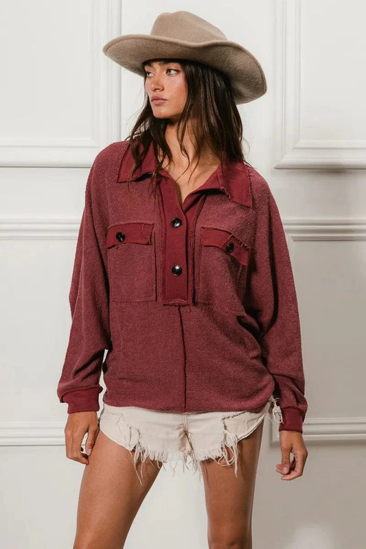 BiBi Cp French Terry Cut Edge Detail Collared Top MARSALA - Fashorio