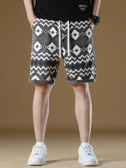Men's Plus Size Geometric Pattern Drawstring Casual Shorts - Fashorio