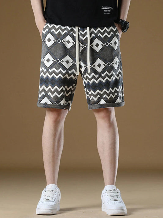 Men's Plus Size Geometric Pattern Drawstring Casual Shorts - Fashorio