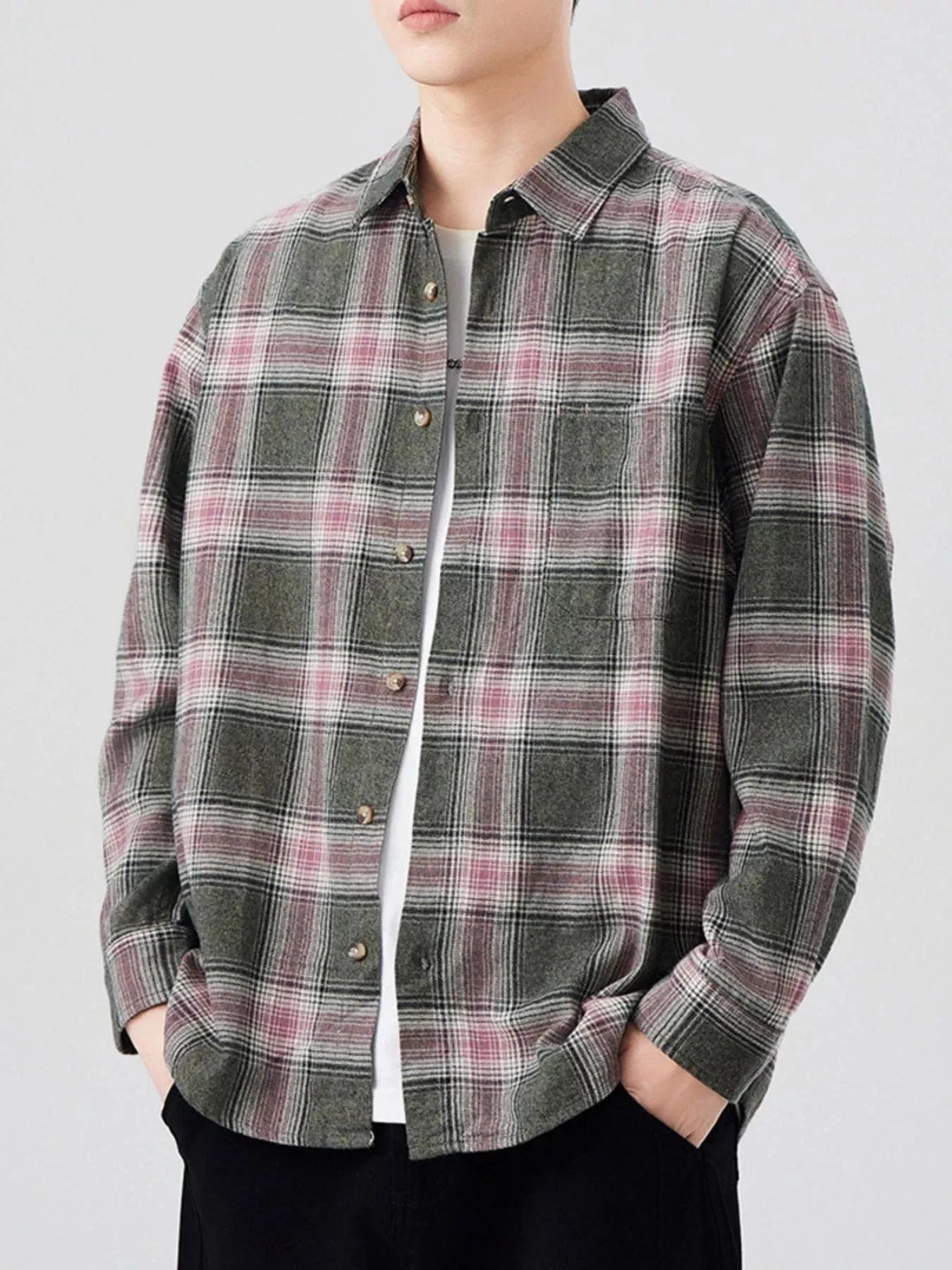 Men's Plus Size Plaid Button Up Long Sleeve Shirt Military Green - Fashorio
