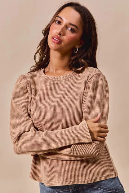 SO ME Mineral Washed Waffle Top With Puff Sleeves MOCHA - Fashorio