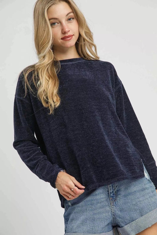 Umgee Round Neck Long Sleeve Side Slit Top Navy - Fashorio