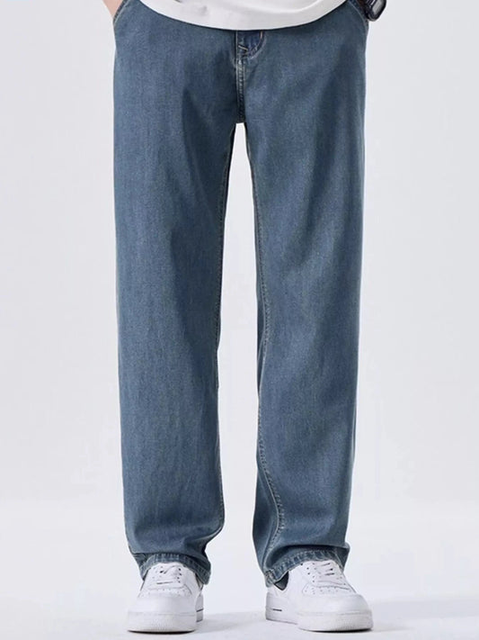 Men’s Wide Leg Jeans – Washed Relaxed Fit Cotton Blend Nostalgic blue - Fashorio