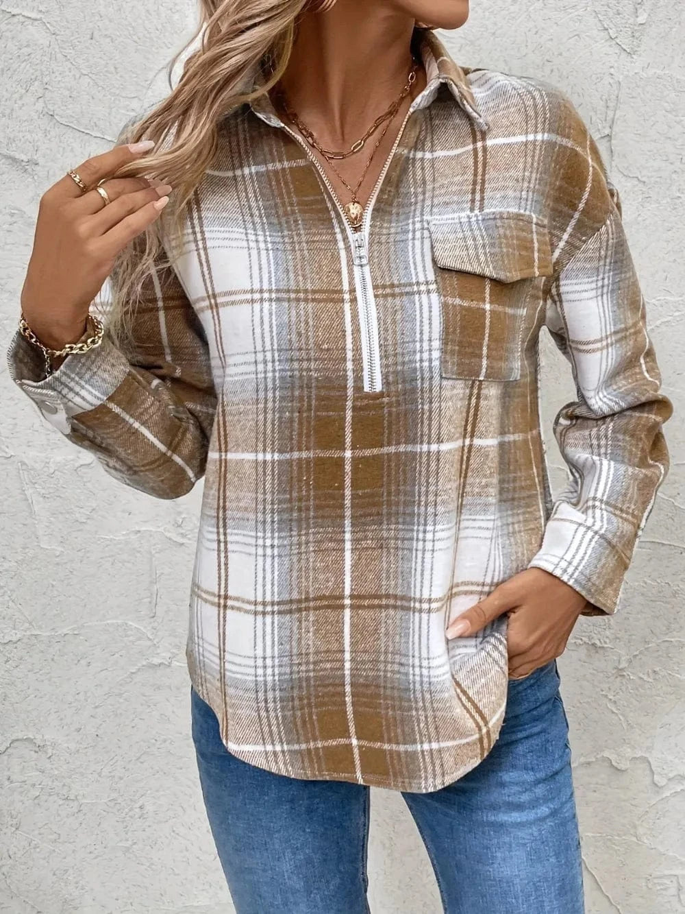 Fashorio Clothing & Accessories Plaid Collared Neck Half Zip Long Sleeve Top