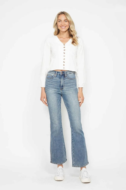 Plus Size Bootcut Jeans with Tummy Control & Embroidered Pockets - Fashorio