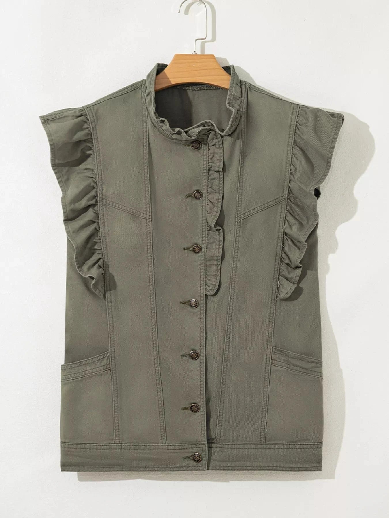 Ruffled Patchwork Denim Vest – Button Up Jean Jacket Style - Fashorio