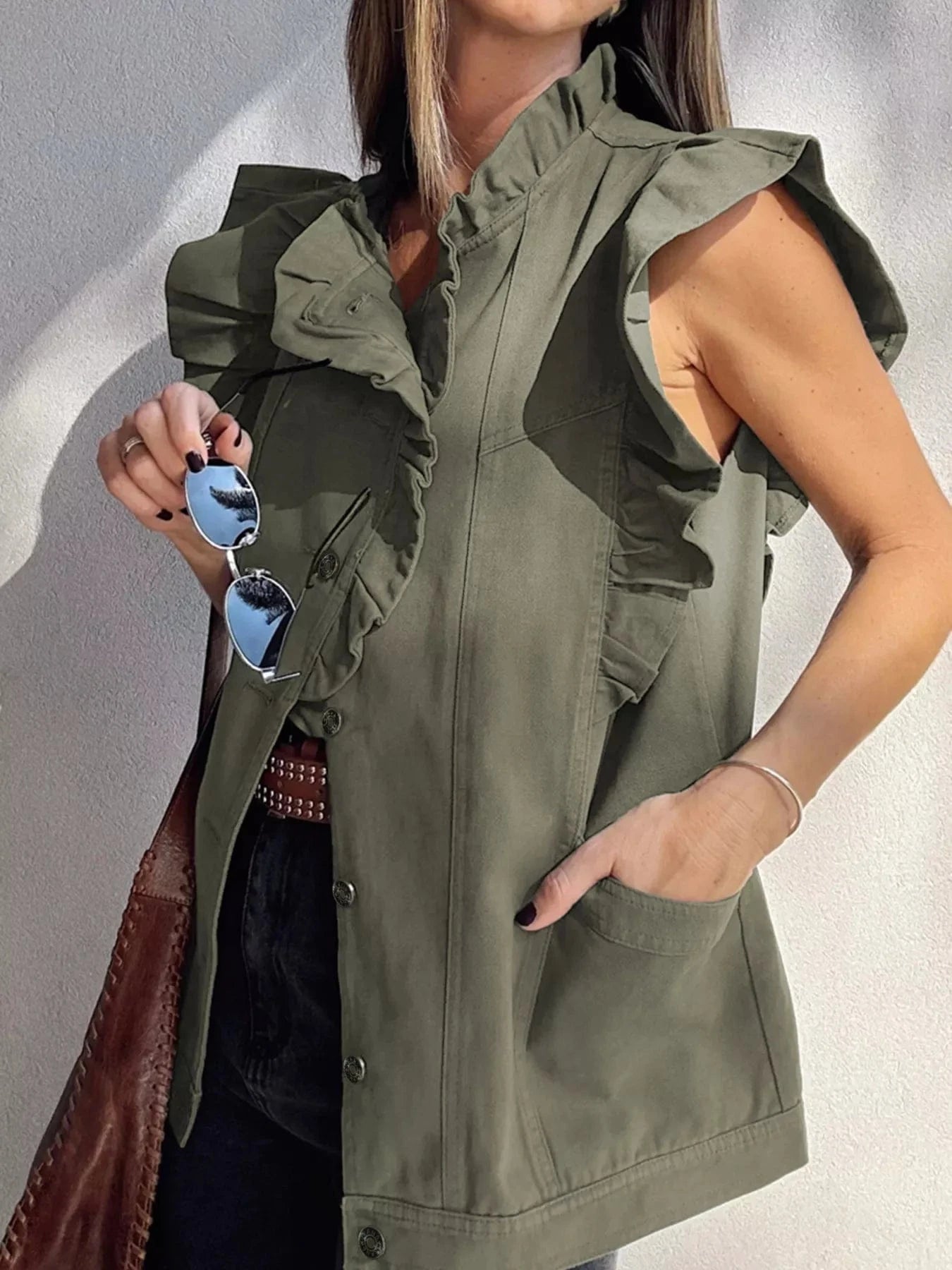 Ruffled Patchwork Denim Vest – Button Up Jean Jacket Style - Fashorio