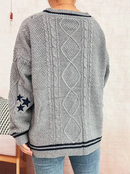 Star Pattern Button-Up Cardigan with Contrast Trim - Fashorio