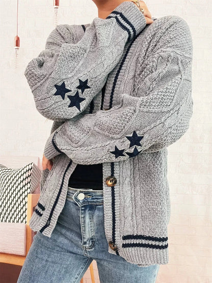 Star Pattern Button-Up Cardigan with Contrast Trim - Fashorio