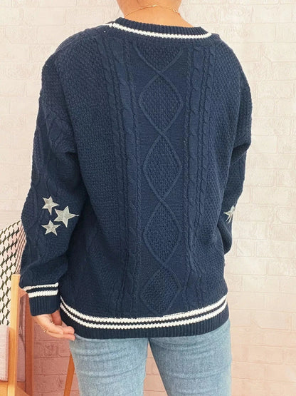 Star Pattern Button-Up Cardigan with Contrast Trim - Fashorio