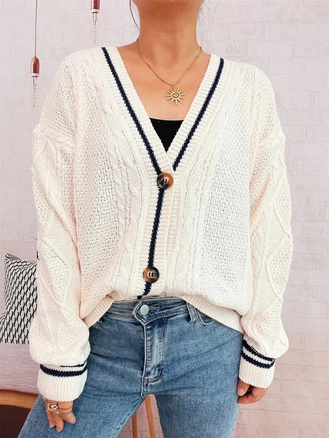 Fashorio Clothing & Accessories Star Pattern Button-Up Cardigan with Contrast Trim