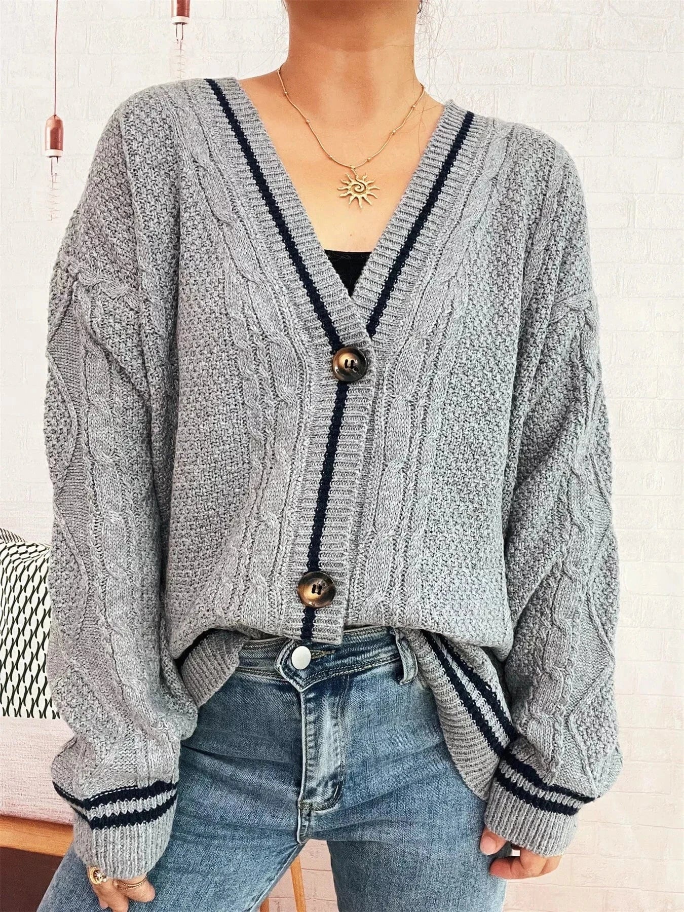 Fashorio Clothing & Accessories Star Pattern Button-Up Cardigan with Contrast Trim