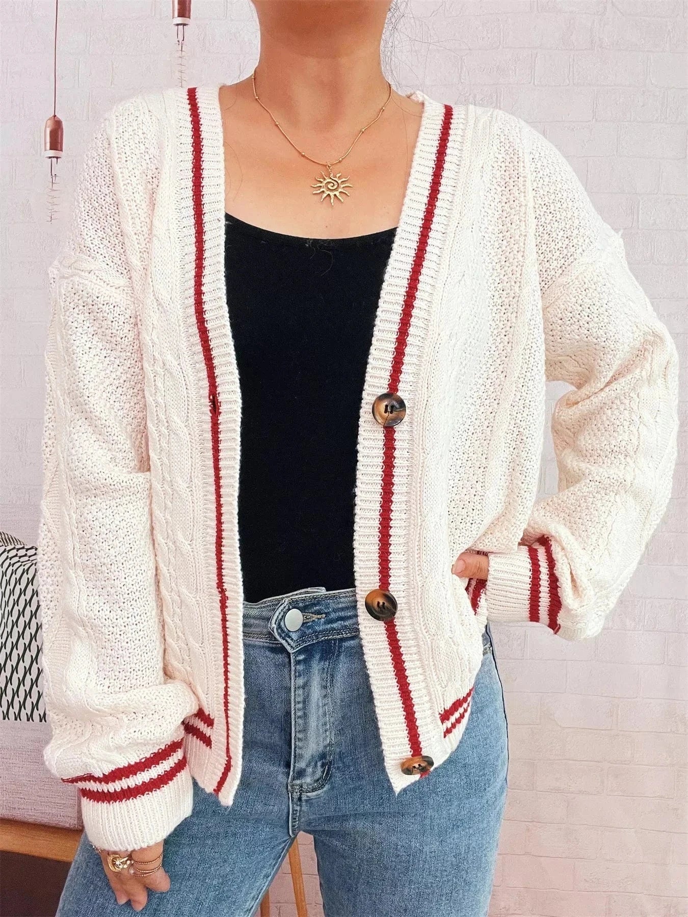 Fashorio Clothing & Accessories Star Pattern Button-Up Cardigan with Contrast Trim