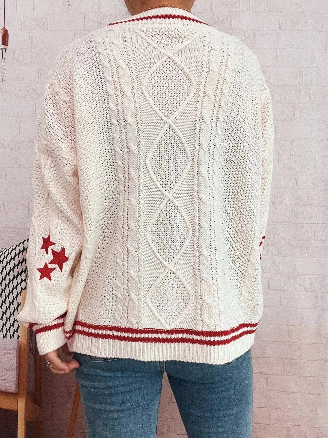 Fashorio Clothing & Accessories Star Pattern Button-Up Cardigan with Contrast Trim