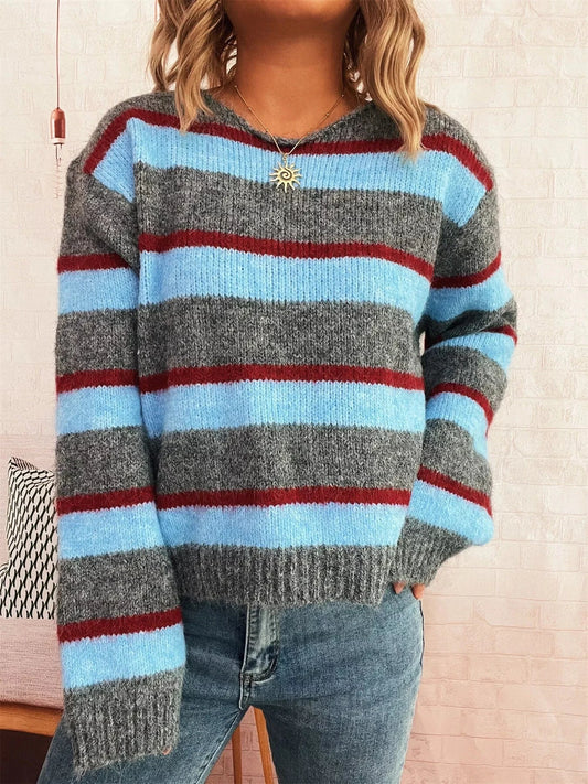 Striped Round Neck Long Sleeve Sweater - Fashorio