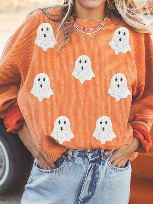 Halloween Ghost Sequin Patched Twisted Ribbed Texture Sweatshirt Tangerine - Fashorio