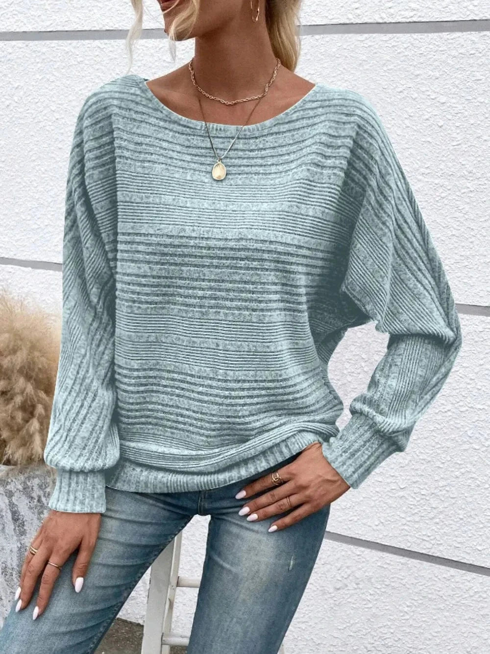 Fashorio Clothing & Accessories Teal / S Full Size Round Neck Long Sleeve Top