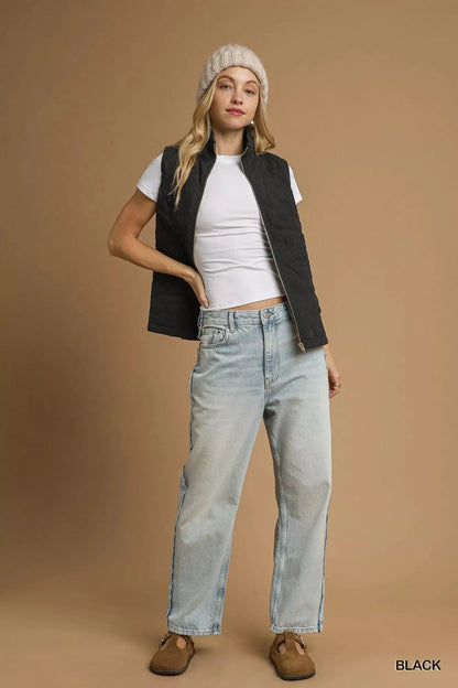 Umgee Quilted Floral Zip Up Vest with Pockets - Fashorio