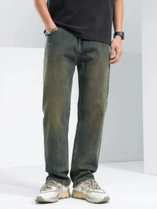Men’s Relaxed Fit Jeans – Washed Cotton Stretch Denim Vintage green - Fashorio