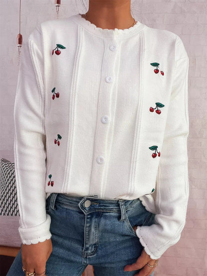 Cherry Embroidered Button Up Cardigan White One Size - Fashorio