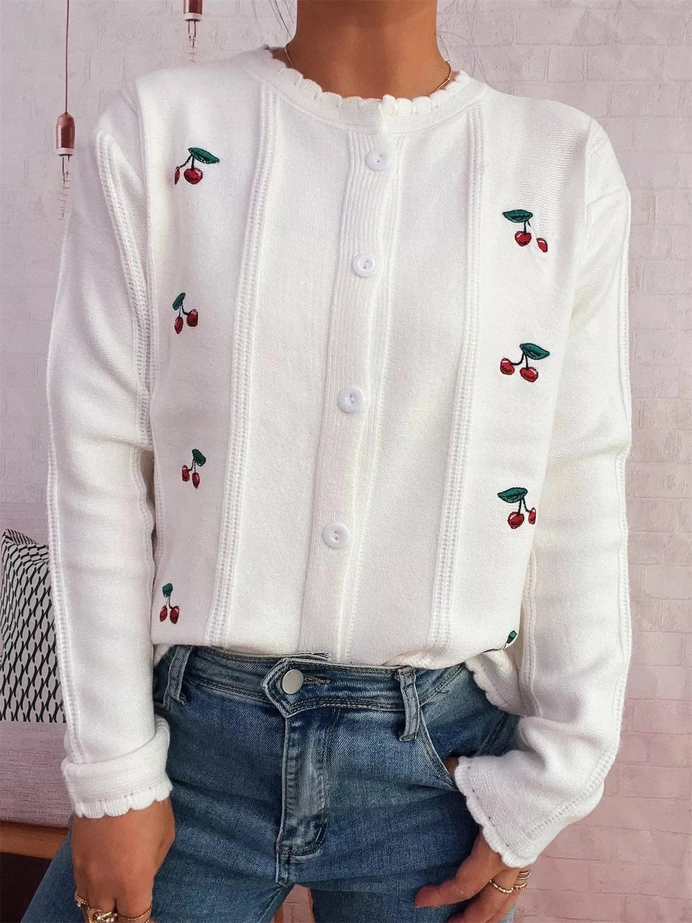 Fashorio Clothing & Accessories White / One Size Cherry Embroidered Button Up Cardigan