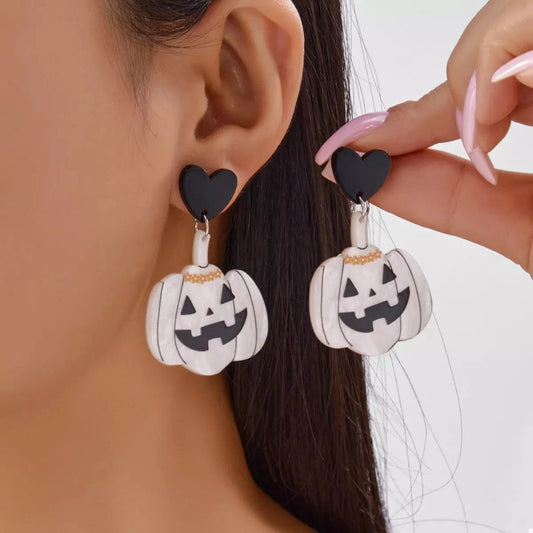 Halloween Pumpkin Heart Drop Earrings White One Size - Fashorio
