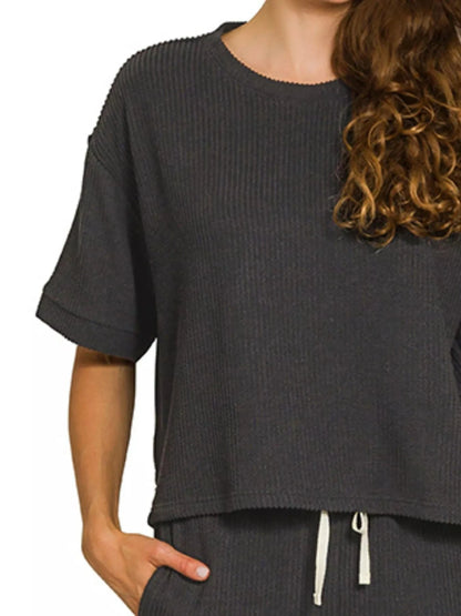 Zenana Raised Rib Short Sleeve Tee & Pants Set - Fashorio