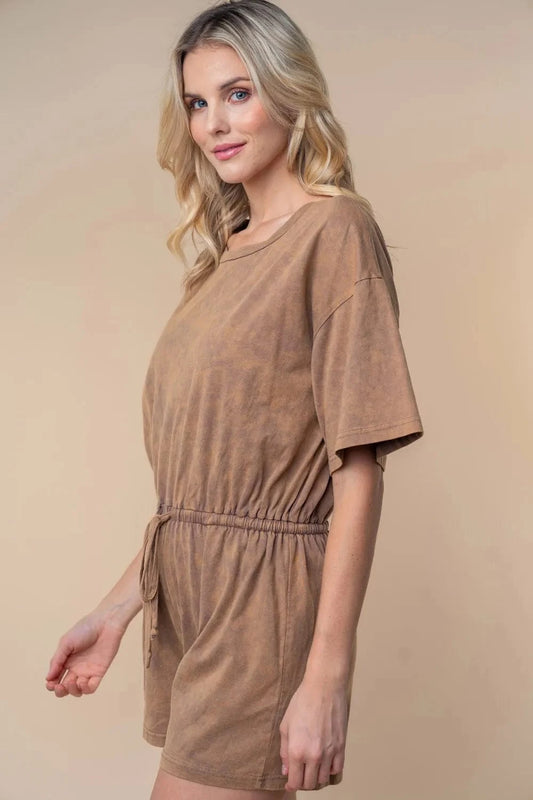 White Birch Full Size Short Sleeve Drawstring Romper Cocoa - Fashorio