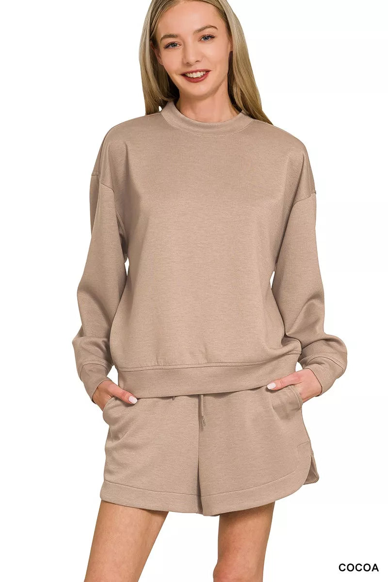 Fashorio COCOA / S Zenana Scuba Long Sleeve Sweatshirt and Shorts Set