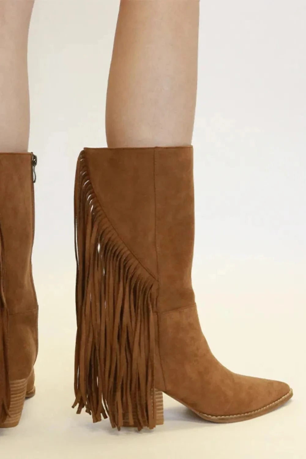 Beast Fashion Suede Fringe Point Toe Boots Coffee - Fashorio