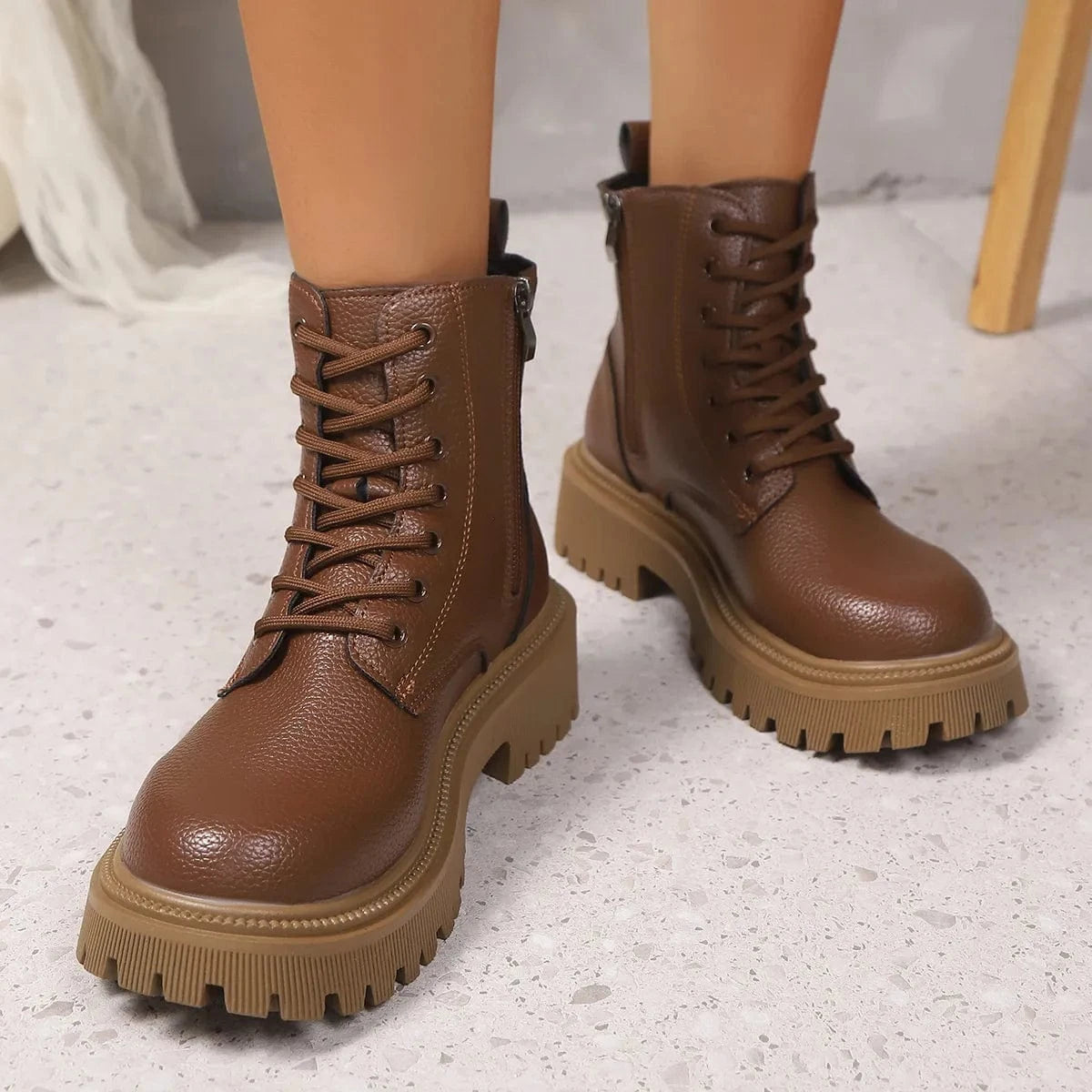 Fashorio Coffee Brown / 36 Lace Up Platform Boots