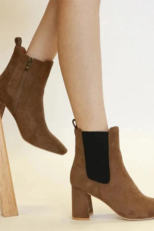 Beast Fashion Faux Suede Block Heel Chelsea Boots with Elastic Side Panel Coffee Brown - Fashorio