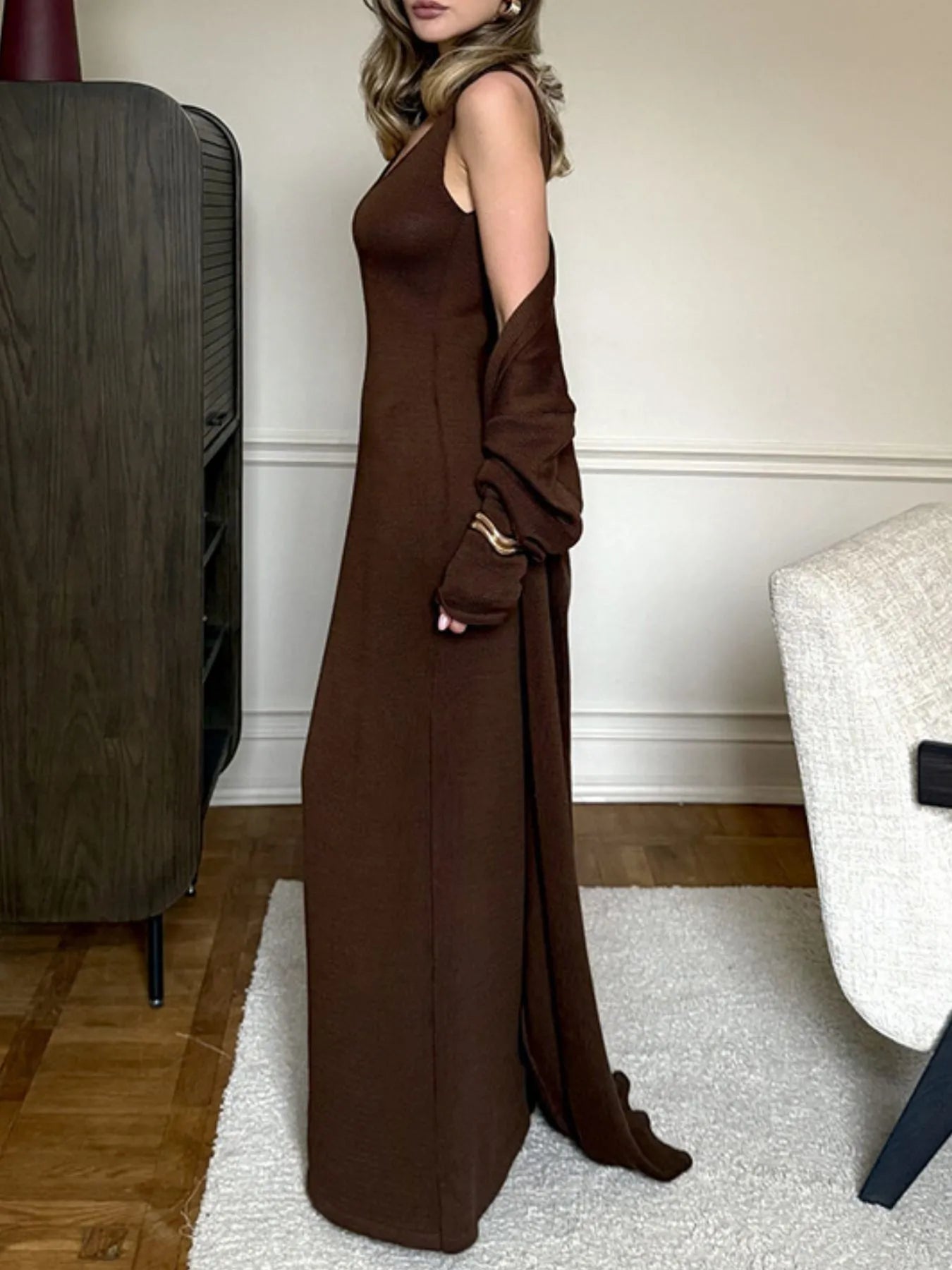 Fashorio Coffee Brown / L V-Neck Knit Dress and Cardigan Sweater Set