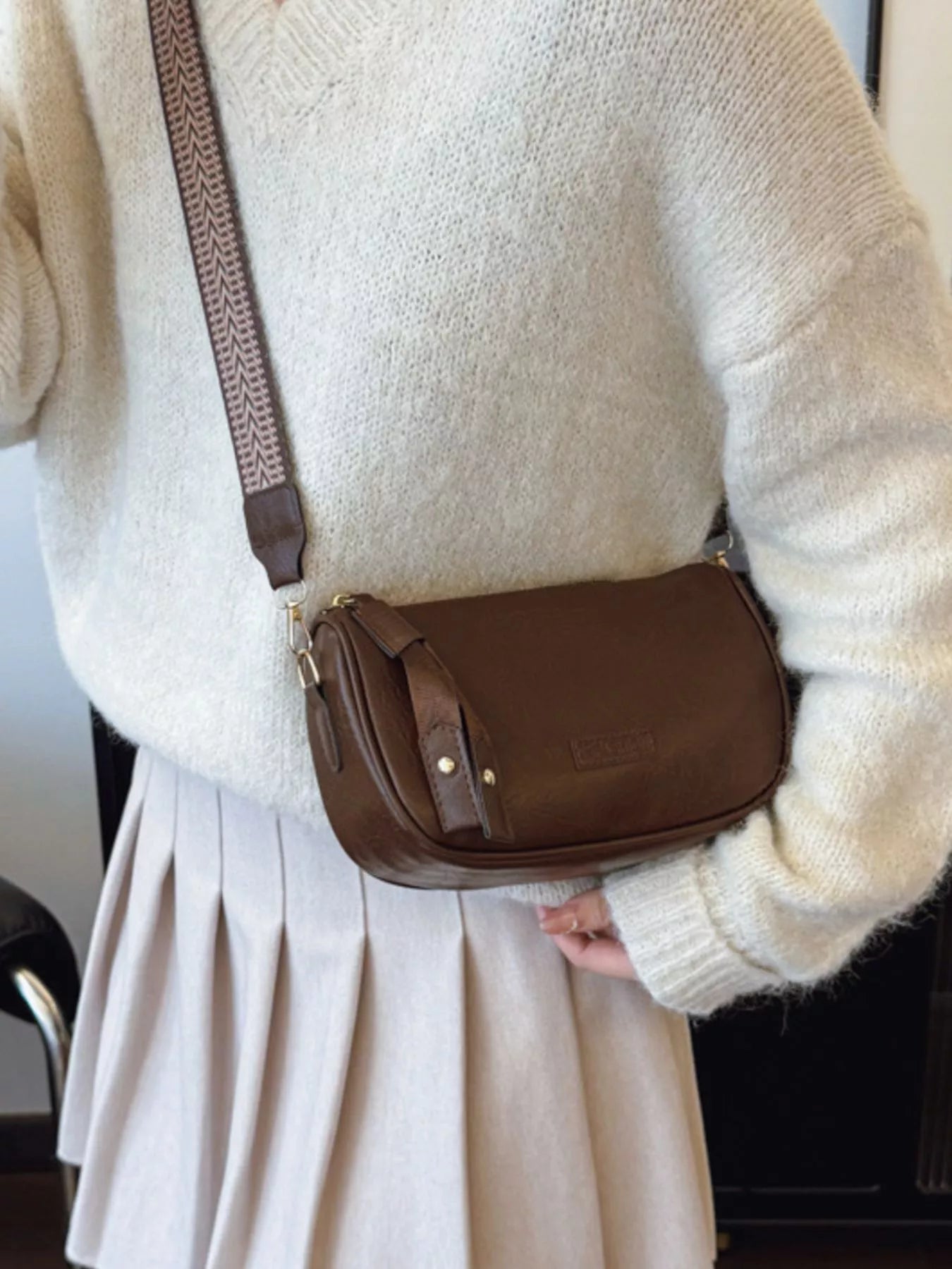 Fashorio Coffee Brown / One Size Retro Style Shoulder Crossbody Bag with Wide Strap