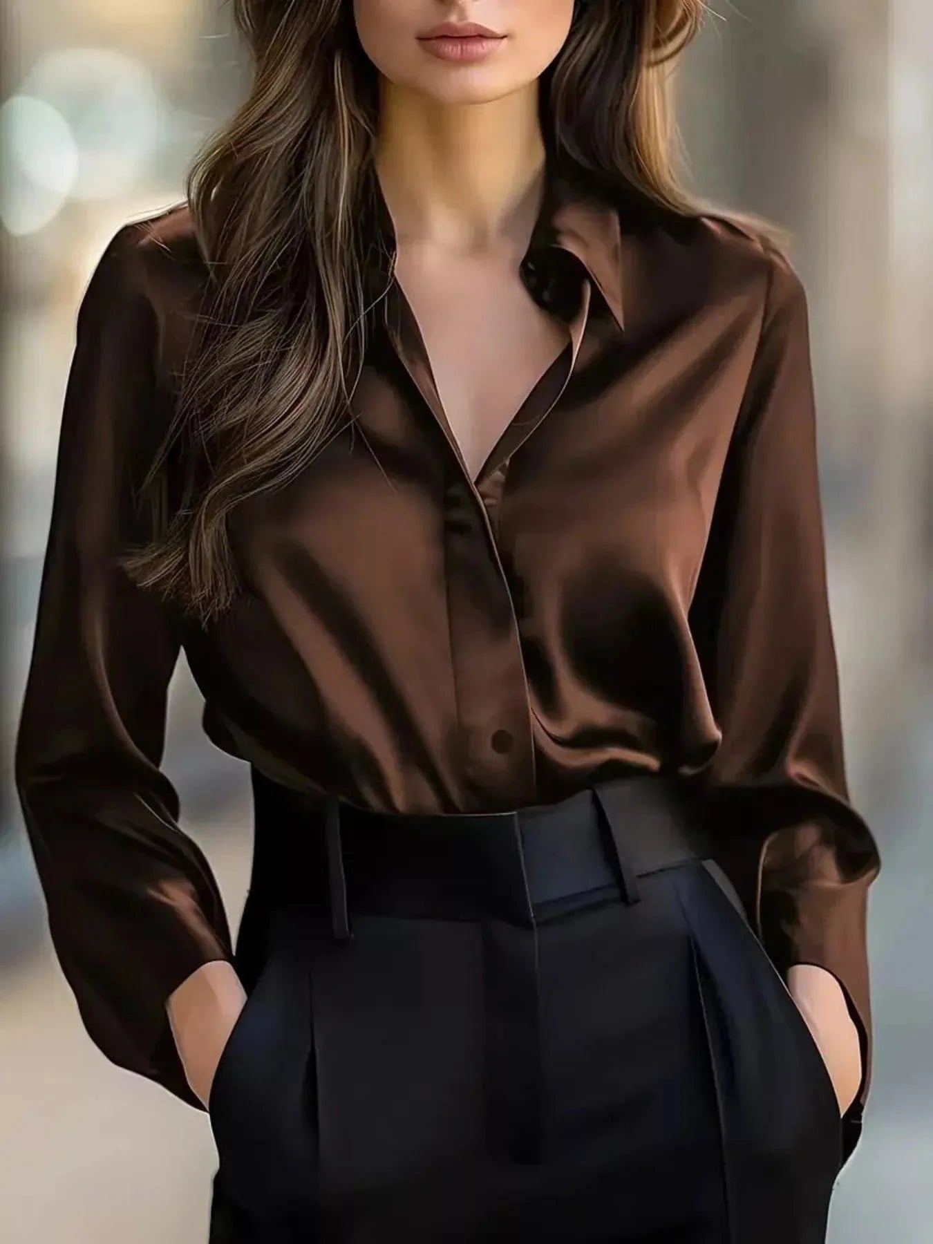 Button Down Collared Neck Long Sleeve Shirt Coffee Brown - Fashorio