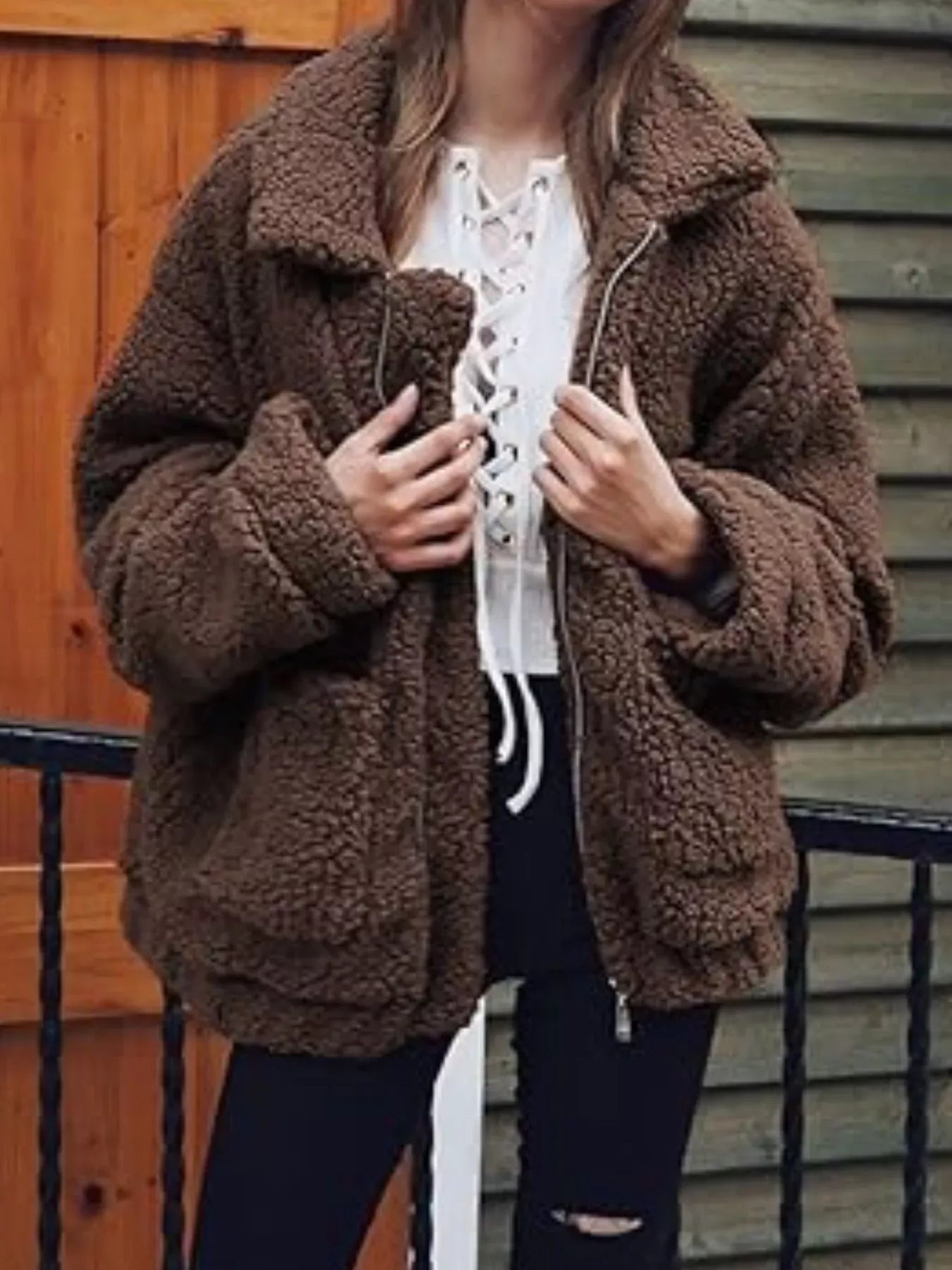 Fashorio Coffee Brown / S Full Size Cozy Fleece Zip Up Jacket Plus Size