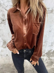 Fashorio Coffee / S Full Size Velvet Button-Up Long Sleeve Shirt Plus Size