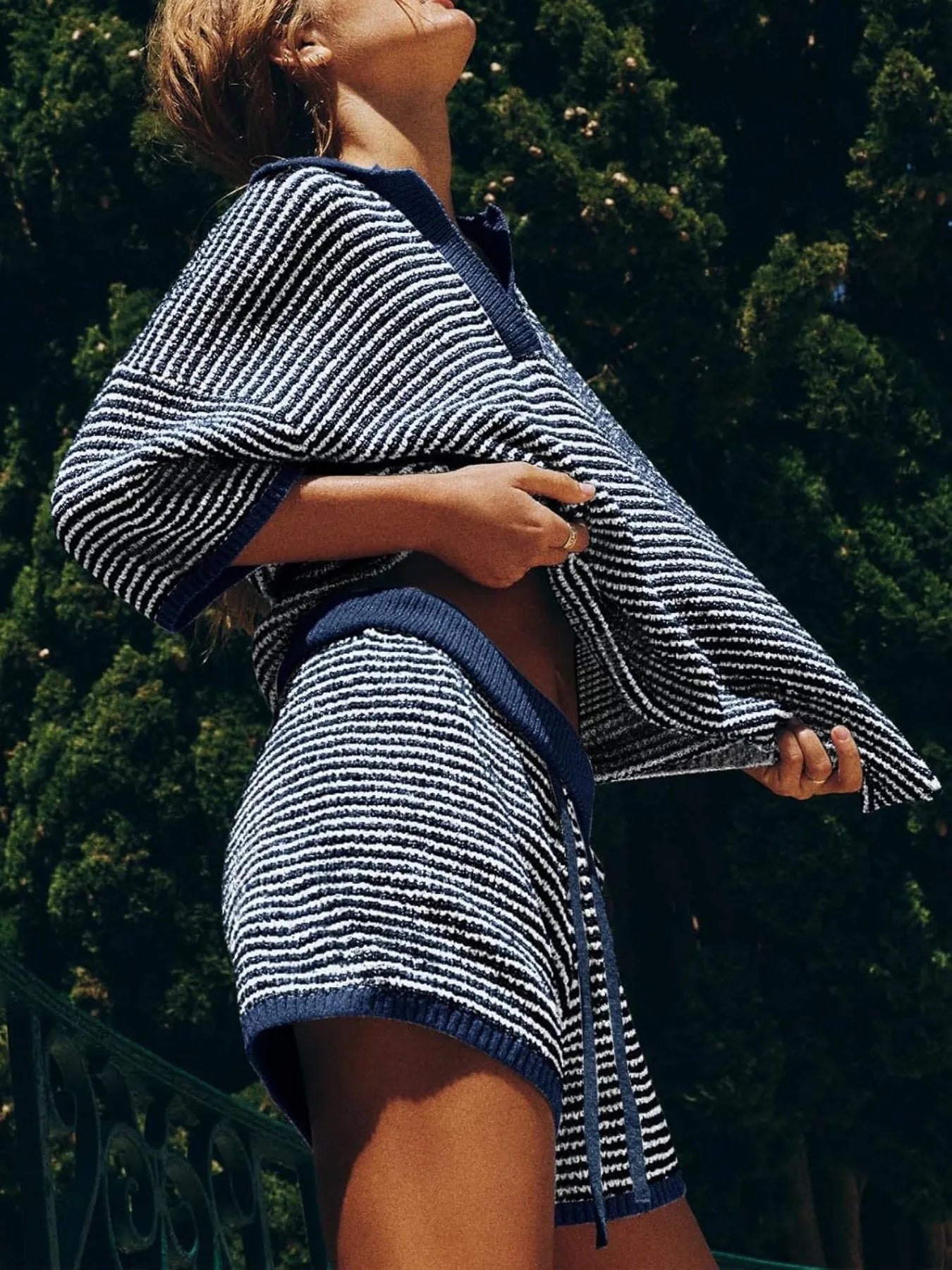 Fashorio Collared Neck Contrast Striped Top and Shorts Sweater Set